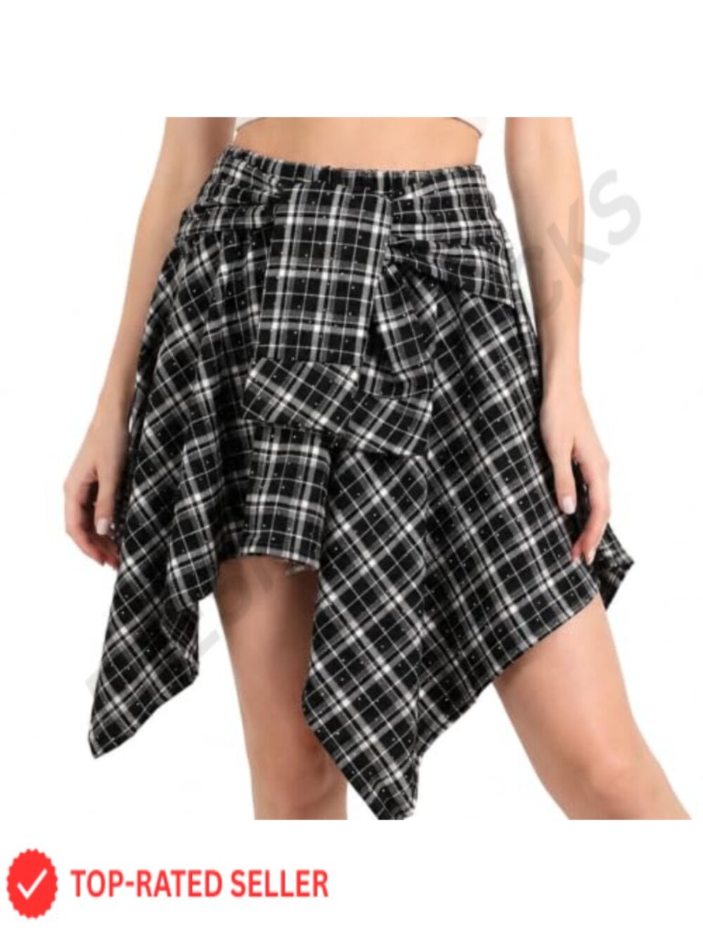 Asymmetrical Plaid Mini Skirt with Rhinestones High Rise A-Line